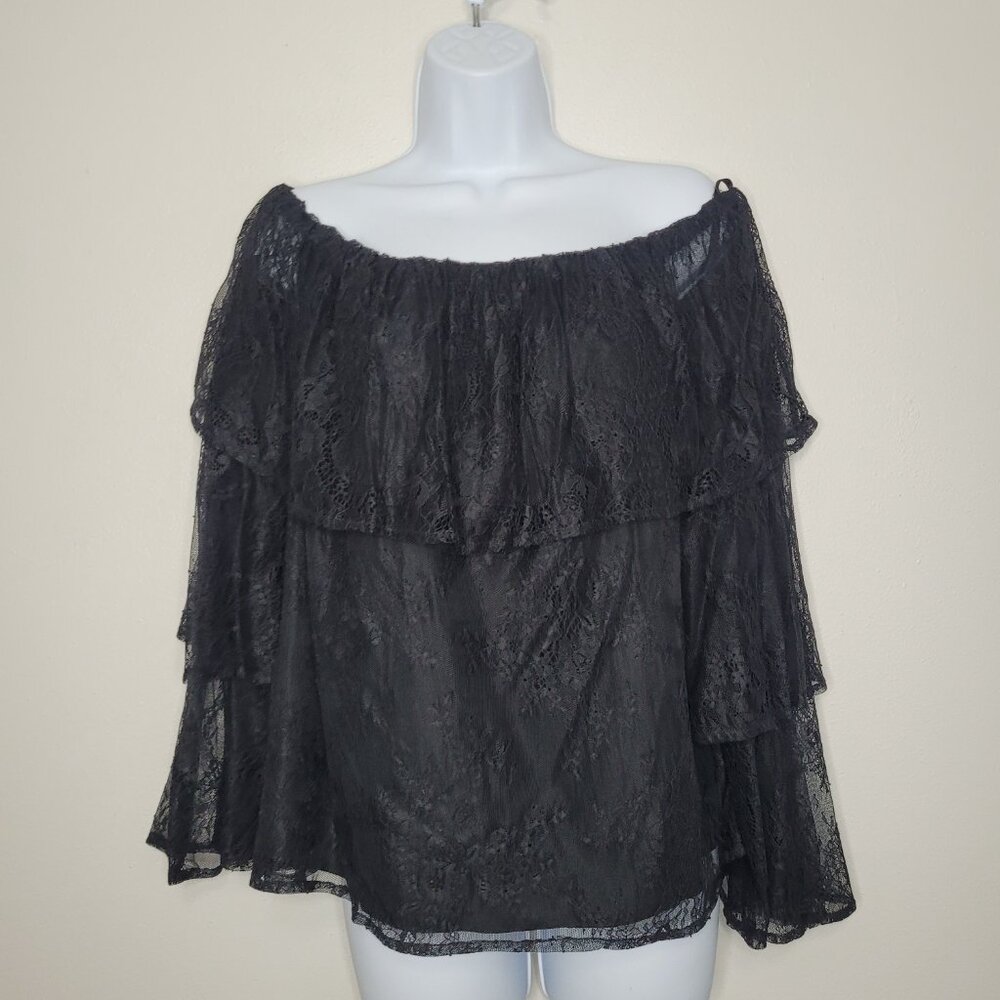 T.D.C. Black mesh witchy off the shoulder tiered grunge goth top size large NWT